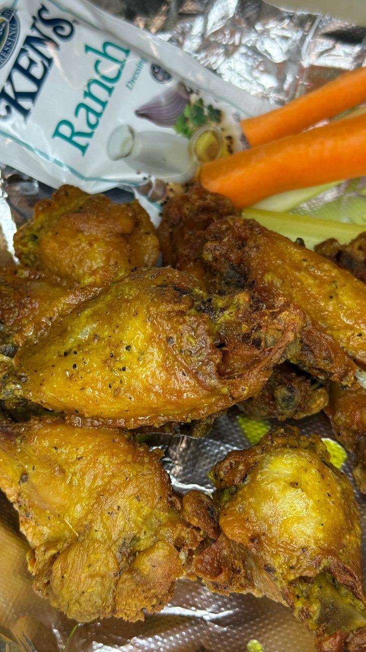 Lemon pepper wings with carrot sticks and ranch